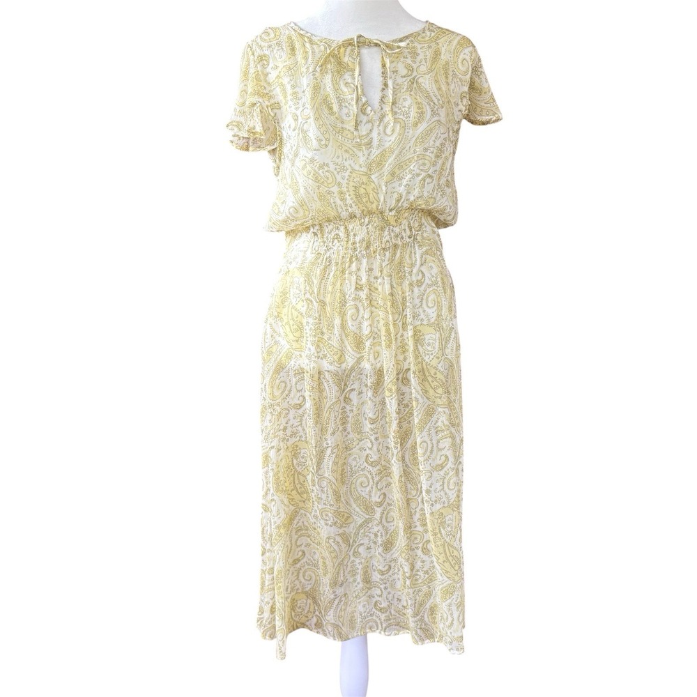 Lucky Brand Sheer Yellow Paisley Dress Women's Small Boho Gauze Flowy‎ Peasant